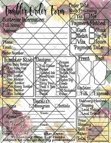 Sunflower and Roses Order Form Bundle, Care Cards, Thank You Dot, Digital File, Digital Download, Business Label.