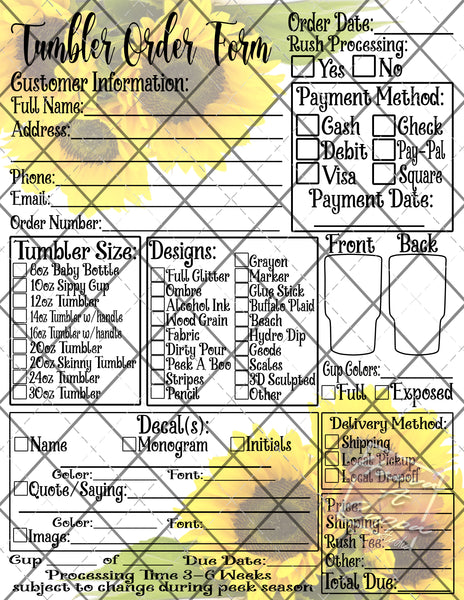 Sunflower Order Form Bundle, Care Cards, Thank You Dot, Digital File, Digital Download, Business Label.