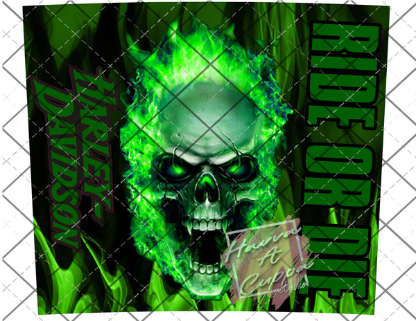 ride or die harley davidson green skull 20oz skinny Full Wrap File png  Digital File