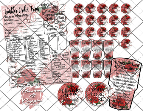 Red Rose Order Form Bundle, Care Cards, Thank You Dot, Digital File, Digital Download, Business Label.